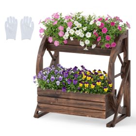 2-tier Raised Garden Bed Rustic Wood Wagon Planter With Drainage Holes And Semi-wheels For Growing Flowers Or Displaying Potted