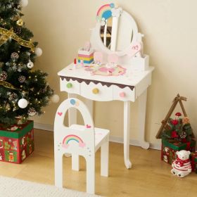 Kids Vanity Table And Chair Set With 7pcs Pretend Play Makeup Toys, Girls Vanity With Mirror & Stool, 3 Drawers & Tabletop Storage, Princess Table For