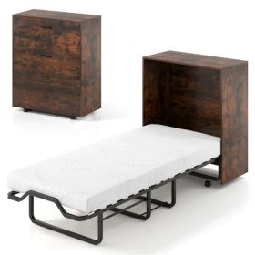 Rustic Brown Mobile Murphy Bed Cabinet 86.5' X 34' X 41.5' With Lockable Wheels, Space Saving Foldable Guest Bed With 4 Inch Foam Mattress