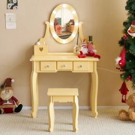 Kids Vanity Set With Mirror And Lights And Stool, 5 Storage Drawers, Pretend Play Princess Makeup Desk Dressing Table And Stool Set For Little Girls A