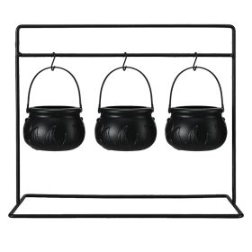 3 Witches Cauldron Serving Bowls On Rack Black Plastic Candy Bucket Cauldron For Indoor Outdoor Home Kitchen Decoration