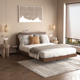 Floating Bed Frame Queen With Led Lights And Charging Station, Wood Queen Size Bed Frame With Storage Headboard, No Box Spring Needed, Easy Assembly,W