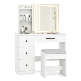 White Vanity Desk And Stool Set With Sliding Mirror & 3-Mode LED Light Strip, Anti-Toppling Dressing Table With Ample Storage