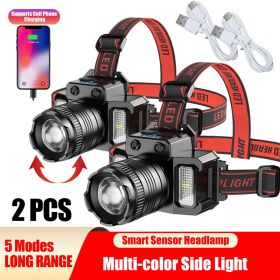 LED Telescopic Headlamp Head Torch Rechargeable Motion Sensor Headlight Zoomable 5 Modes Emergency Light For Camping Must Provide A Hazardous Material (Option: 2PCS)
