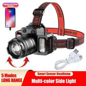LED Telescopic Headlamp Head Torch Rechargeable Motion Sensor Headlight Zoomable 5 Modes Emergency Light For Camping Must Provide A Hazardous Material (Option: Black)